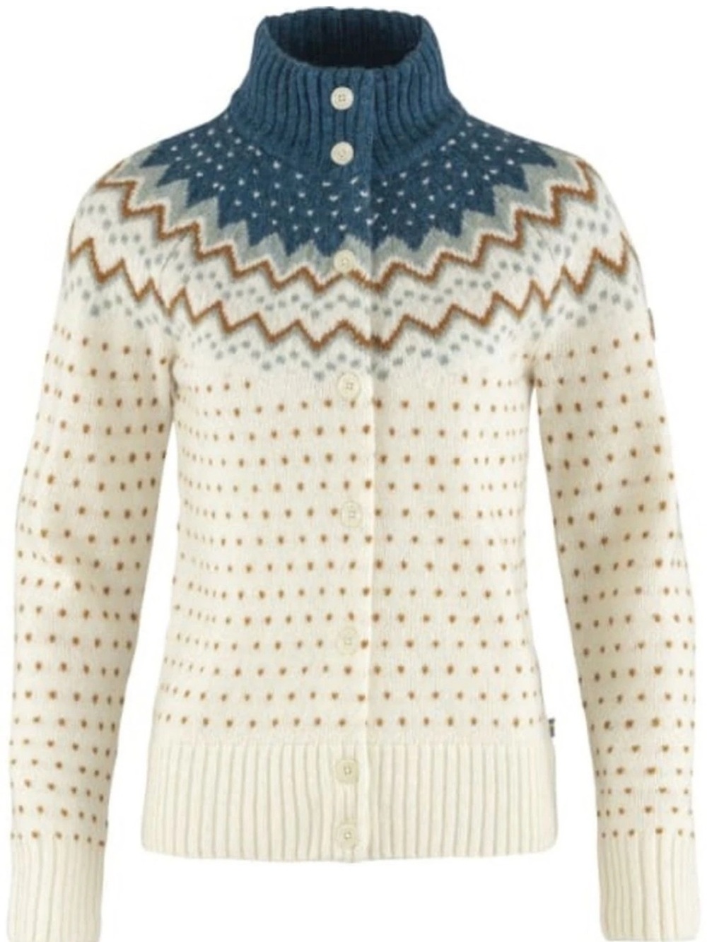 Fjallraven Blue & Cream Ovik Knit 100% Wool Button Cardigan Sweater, Women’s M
